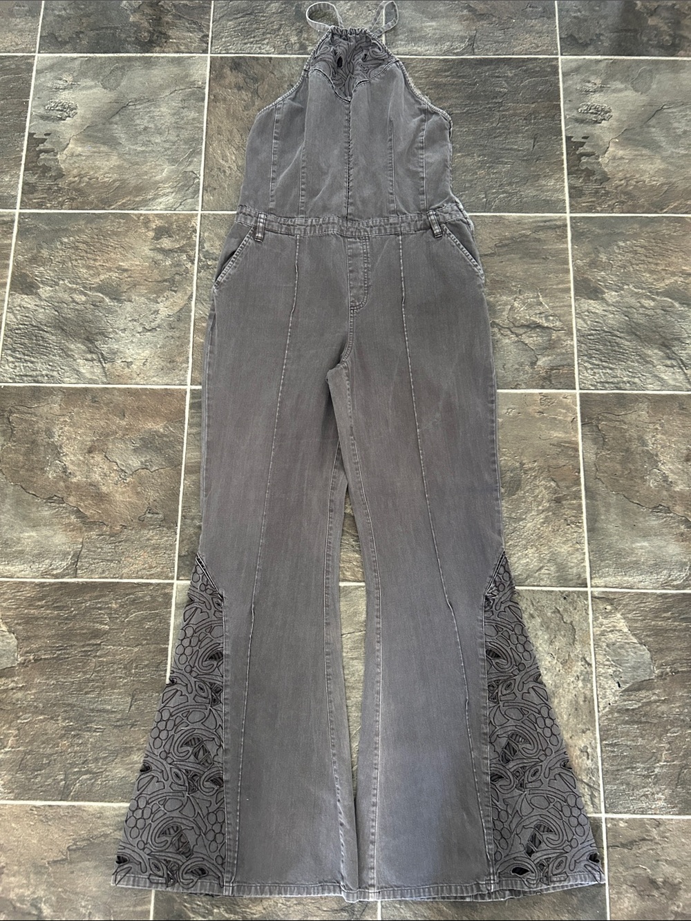 Free People Gray Embroidered Flared Jumpsuit